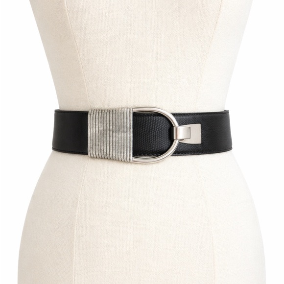 Black Leather Corset Statement Belt Silver Buckle Wide Waist Belt 41” Adjustable main image 4
